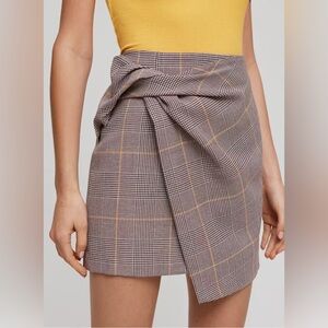 Aritzia Babaton Brown Yellow Plaid Hidden Zip Jethro Faux Twist Wrap Mini Skirt